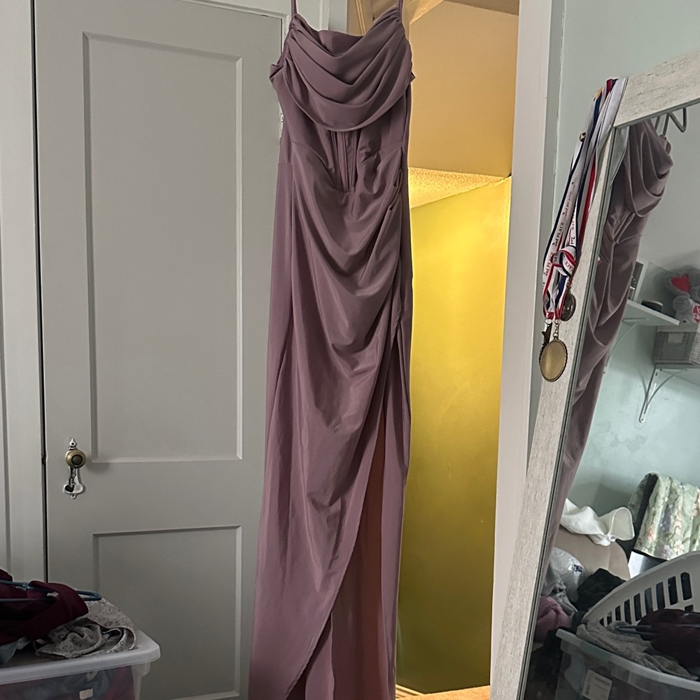 Elegant Mauve Draped Evening Gown - Women Dresses